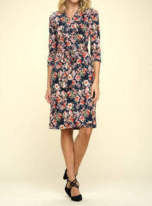 Effortless and Chic, Floral Print V Neck Midi Length Women's Wrap Dress