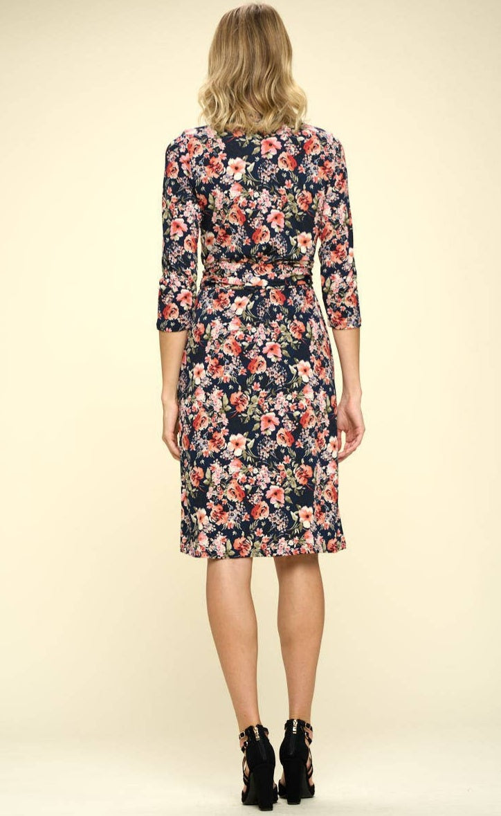 Effortless and Chic, Floral Print V Neck Midi Length Women's Wrap Dress