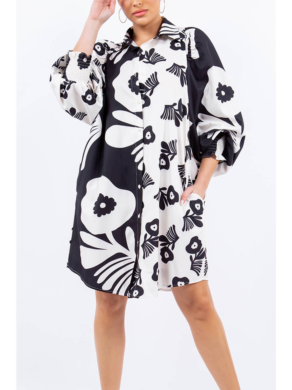 Button - Down Black & White Floral Print Shirt Dress