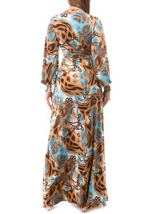 Stylish, Figure Flattering, Leopard-Chain Print Wrap Maxi Dress