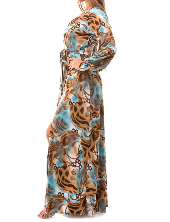 Stylish, Figure Flattering, Leopard-Chain Print Wrap Maxi Dress